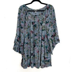 Avenue Blouse Blue Floral Ruffle 3/4 Sleeve Top 18/20 1X 2X